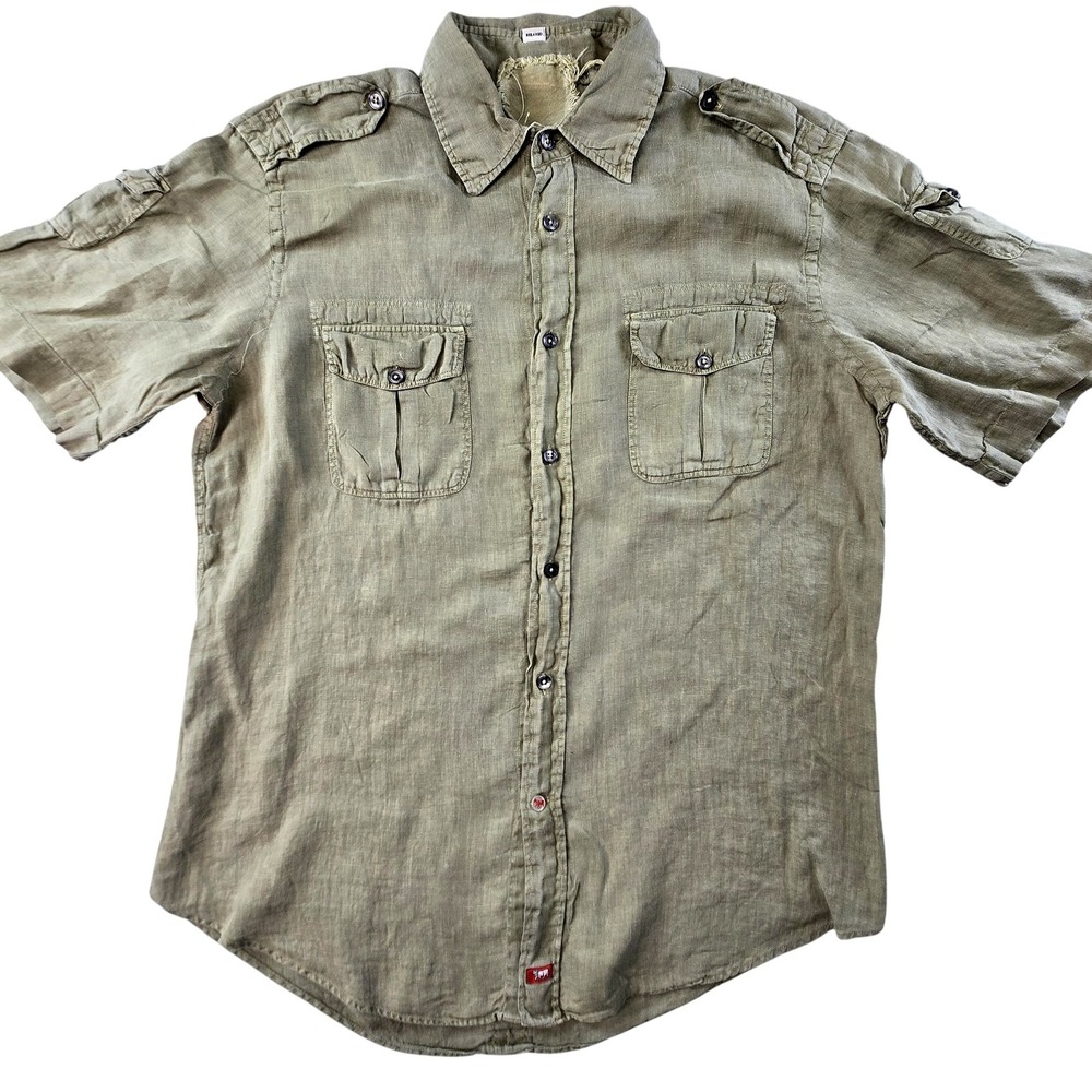 Kimes Ranch Shirt Mens L Green Linen Short Sleeve Button Up Relaxed Embroidered